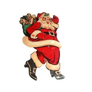 Vintage 1950s Santa Claus Die Cut Cardboard Decoration Movable Jointed 11"